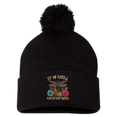 It Is Well With My Soul Dragonfly Floral Boho Christian God Pom Pom 12in Knit Beanie