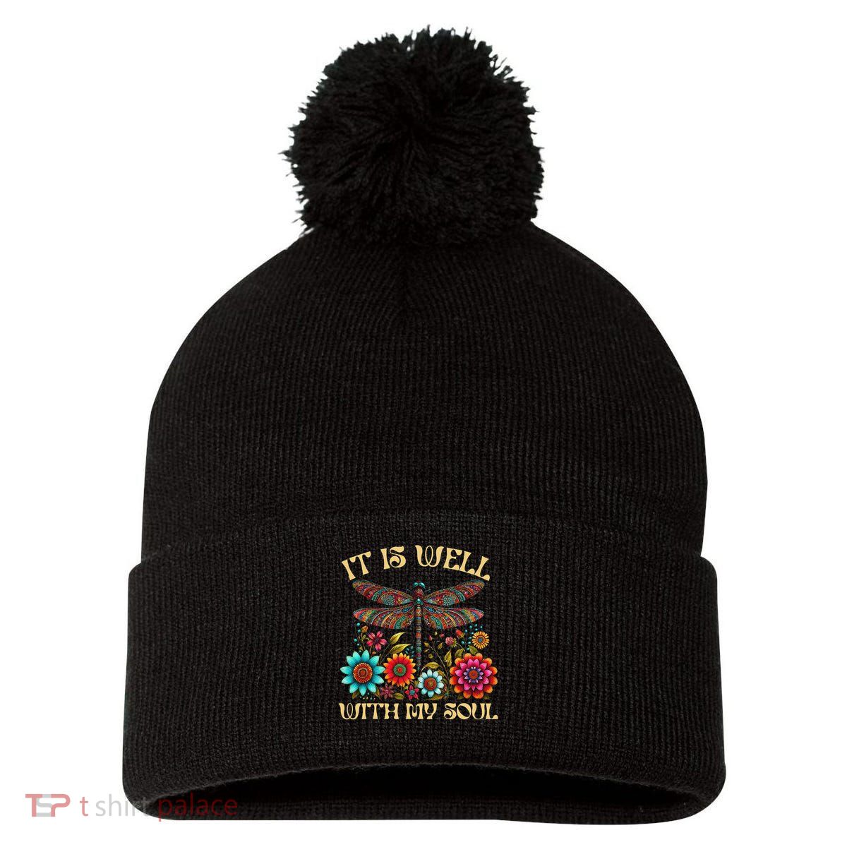 It Is Well With My Soul Dragonfly Floral Boho Christian God Pom Pom 12in Knit Beanie