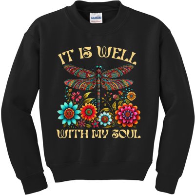 It Is Well With My Soul Dragonfly Floral Boho Christian God Kids Sweatshirt