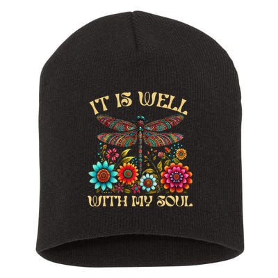 It Is Well With My Soul Dragonfly Floral Boho Christian God Short Acrylic Beanie