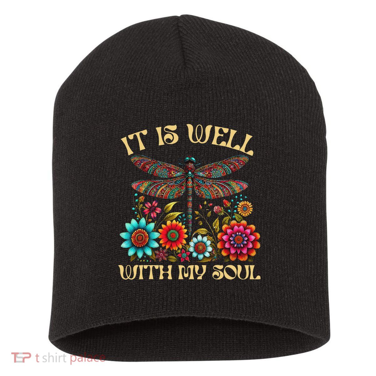 It Is Well With My Soul Dragonfly Floral Boho Christian God Short Acrylic Beanie