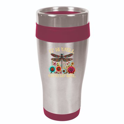 It Is Well With My Soul Dragonfly Floral Boho Christian God 16oz Travel Tumbler
