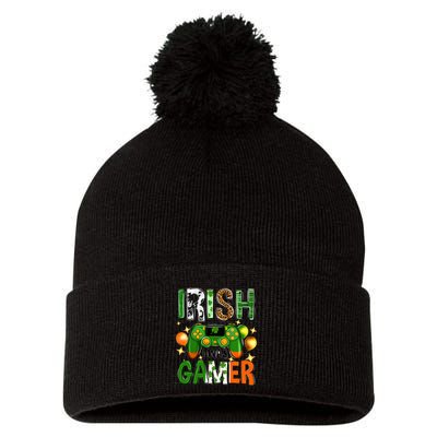 Irish I Was Gamer St Patrick's Day Game Controller Shamrocks Pom Pom 12in Knit Beanie