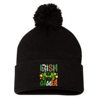 Irish I Was Gamer St Patrick's Day Game Controller Shamrocks Pom Pom 12in Knit Beanie