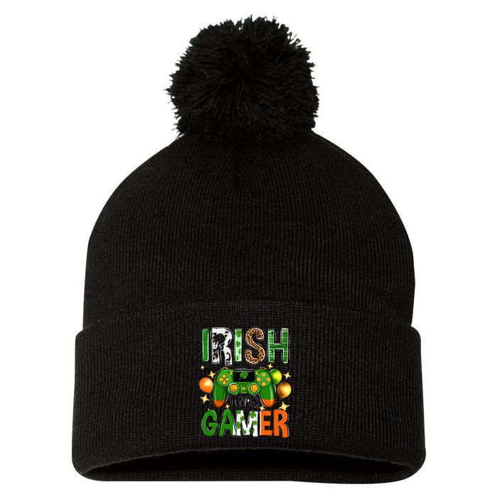 Irish I Was Gamer St Patrick's Day Game Controller Shamrocks Pom Pom 12in Knit Beanie