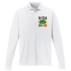 Irish I Was Gamer St Patrick's Day Game Controller Shamrocks Performance Long Sleeve Polo