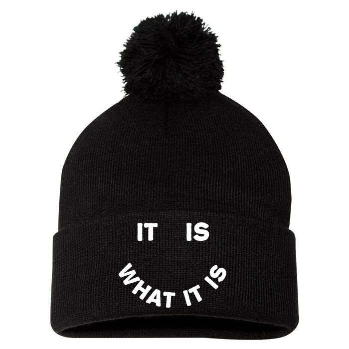 It Is What It Is Smiley Face Pom Pom 12in Knit Beanie