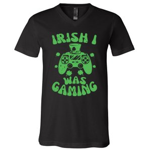 Irish I Was Gaming Gamer Game Controller Saint Patrick's Day V-Neck T-Shirt