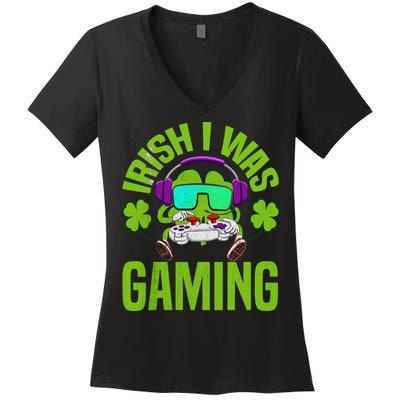 Irish I Was Gaming St Patricks Day Gamer Shamrock Women's V-Neck T-Shirt