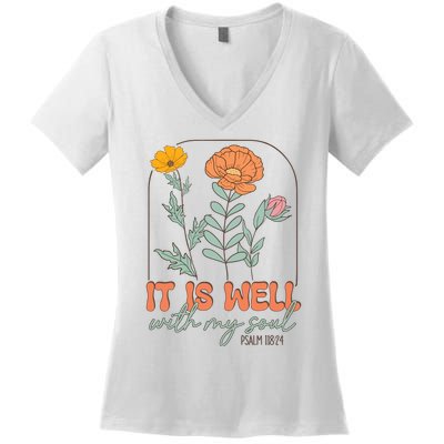 It Is Well With My Soul Wildflower Christian Faith Women's V-Neck T-Shirt