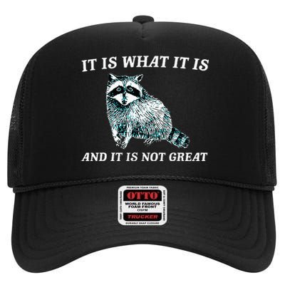 It Is What It Is And It Is Not Great Raccoon High Crown Mesh Back Trucker Hat