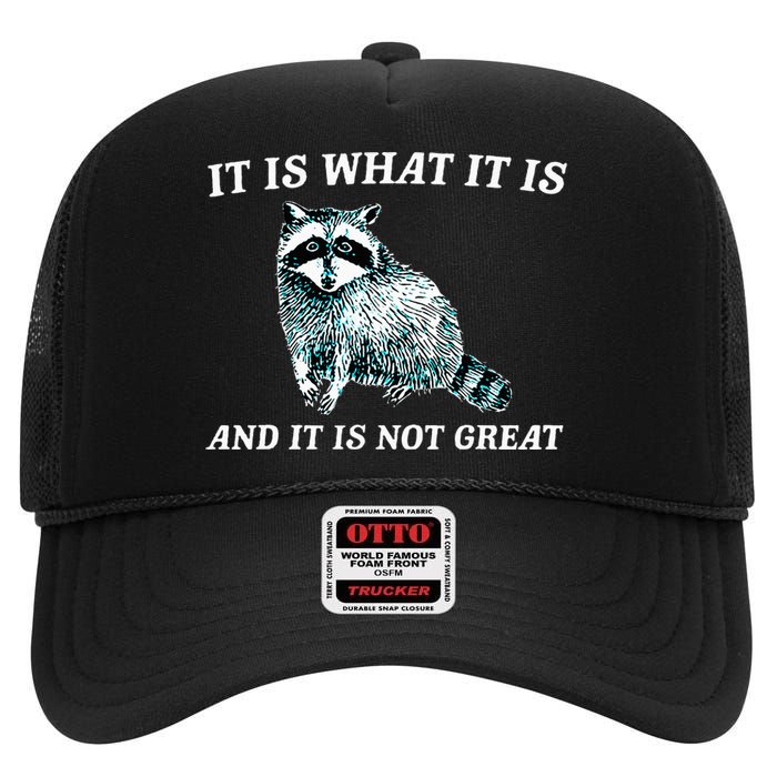 It Is What It Is And It Is Not Great Raccoon High Crown Mesh Back Trucker Hat