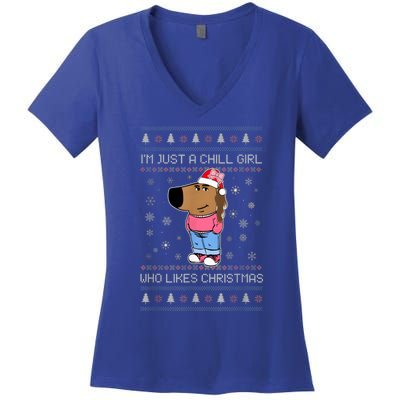 IM Just A Chill Girl Who Likes Christmas Ugly Sweater Women's V-Neck T-Shirt