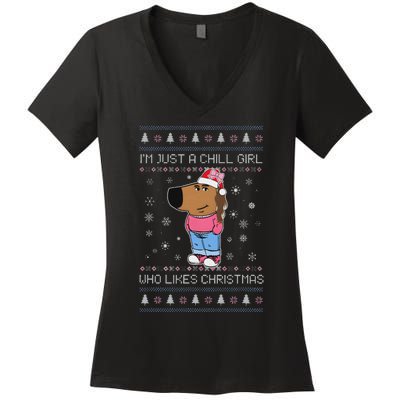 IM Just A Chill Girl Who Likes Christmas Ugly Sweater Women's V-Neck T-Shirt