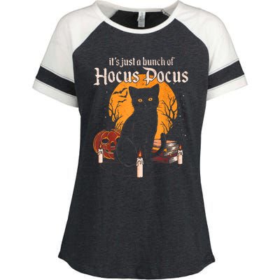 It's Just A Bunch Of Hocus Pocus Funny Halloween Black Cat Enza Ladies Jersey Colorblock Tee