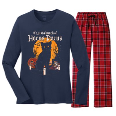 It's Just A Bunch Of Hocus Pocus Funny Halloween Black Cat Women's Long Sleeve Flannel Pajama Set 