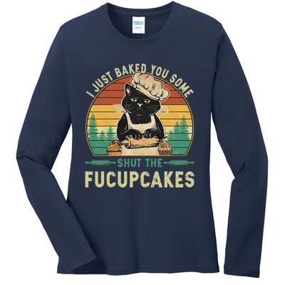 I Just Baked You Some Shut The Fucupcakes Vintage Retro Cat Ladies Long Sleeve Shirt