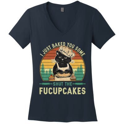 I Just Baked You Some Shut The Fucupcakes Vintage Retro Cat Women's V-Neck T-Shirt