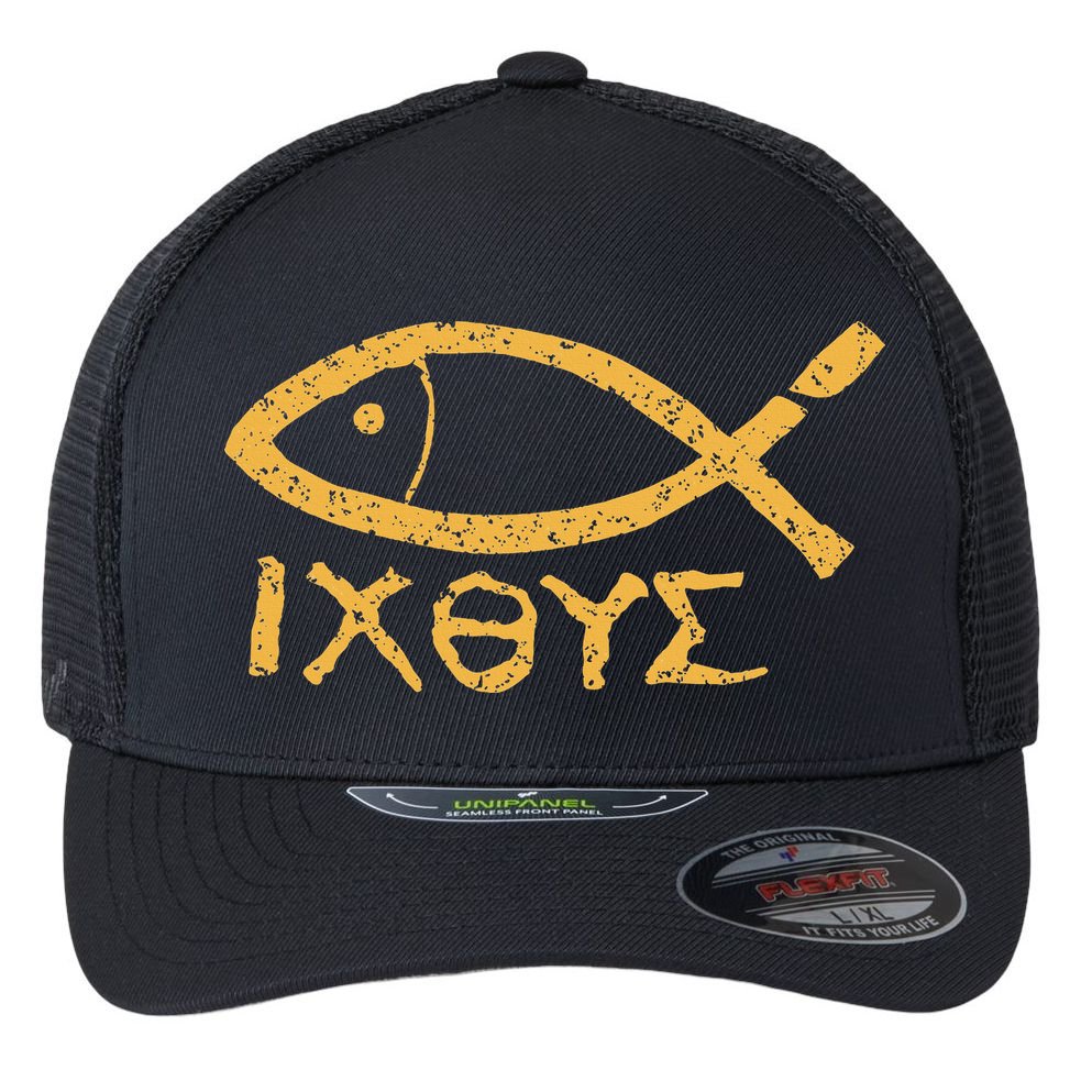 Ichthys Jesus Christ Son Of God Savior Ancient Fish Symbol Flexfit Unipanel Trucker Cap