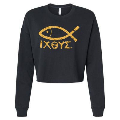Ichthys Jesus Christ Son Of God Savior Ancient Fish Symbol Cropped Pullover Crew
