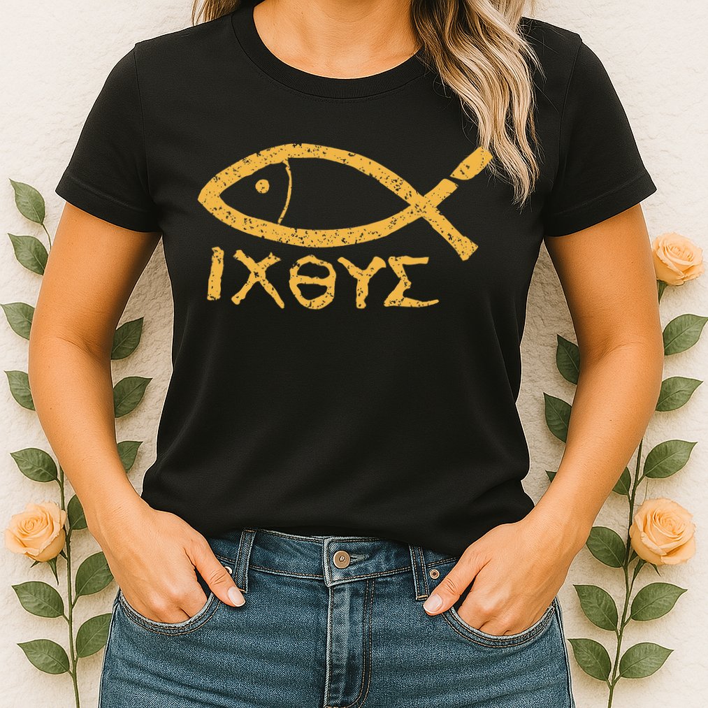 Ichthys Jesus Christ Son Of God Savior Ancient Fish Symbol Womens T-Shirt