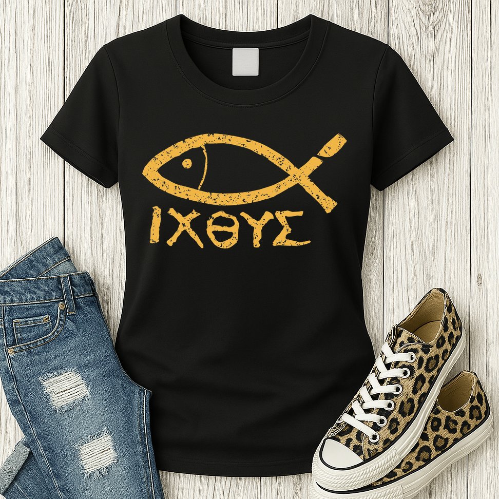 Ichthys Jesus Christ Son Of God Savior Ancient Fish Symbol Womens T-Shirt