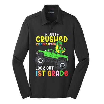 I Just Crushed Kindergarten Look Out First Grade Dinosaur Silk Touch Performance Long Sleeve Polo