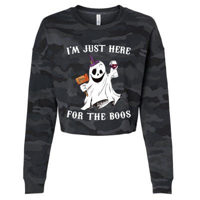 IM Just Here For The Boos Funny Halloween Ghost Wine Cropped Pullover Crew