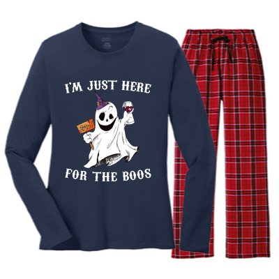 IM Just Here For The Boos Funny Halloween Ghost Wine Women's Long Sleeve Flannel Pajama Set 