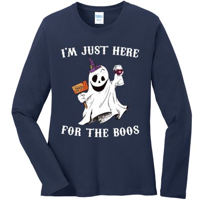 IM Just Here For The Boos Funny Halloween Ghost Wine Ladies Long Sleeve Shirt