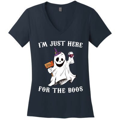 IM Just Here For The Boos Funny Halloween Ghost Wine Women's V-Neck T-Shirt