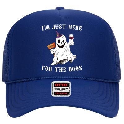 IM Just Here For The Boos Funny Halloween Ghost Wine High Crown Mesh Back Trucker Hat