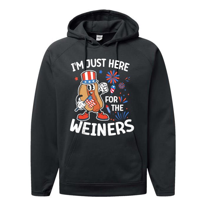 IM Just Here For The Weiners Funny Usa 4th Of July Performance Fleece Hoodie