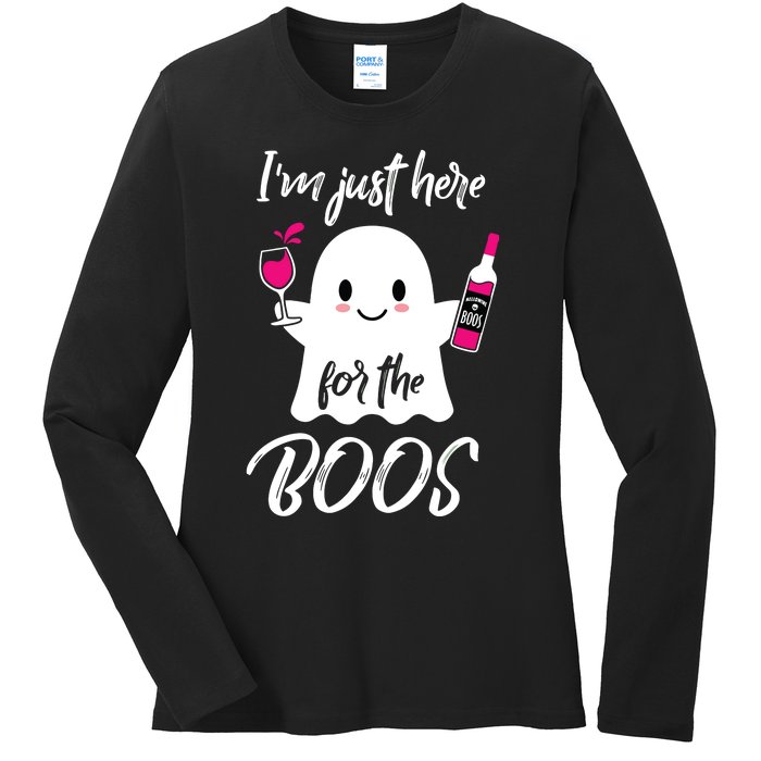 IM Just Here For The Boos Wine Funny Halloween Ladies Long Sleeve Shirt