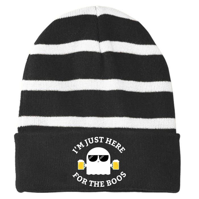 Im Just Here For The Boos Funny Halloween Beer Striped Beanie with Solid Band