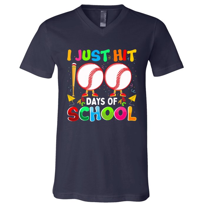 I Just Hit 100 Days Of School Baseball 100th Day Boy Girl V-Neck T-Shirt