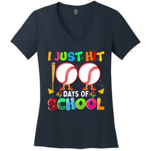 I Just Hit 100 Days Of School Baseball 100th Day Boy Girl Women's V-Neck T-Shirt