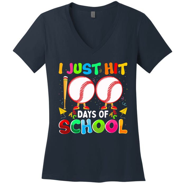 I Just Hit 100 Days Of School Baseball 100th Day Boy Girl Women's V-Neck T-Shirt