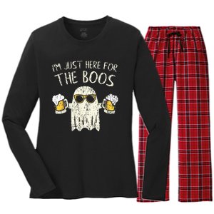 Im Just Here For The Boos Funny Gift Halloween Ghost Women's Long Sleeve Flannel Pajama Set 