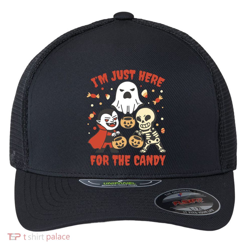I'm Just Here For The Candy Halloween Costume Funny Flexfit Unipanel Trucker Cap