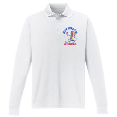 IM Just Here For The Wieners Funny Fourth Of July Hot Dog Performance Long Sleeve Polo