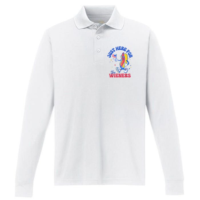 IM Just Here For The Wieners Funny Fourth Of July Hot Dog Performance Long Sleeve Polo