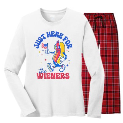 IM Just Here For The Wieners Funny Fourth Of July Hot Dog Women's Long Sleeve Flannel Pajama Set 