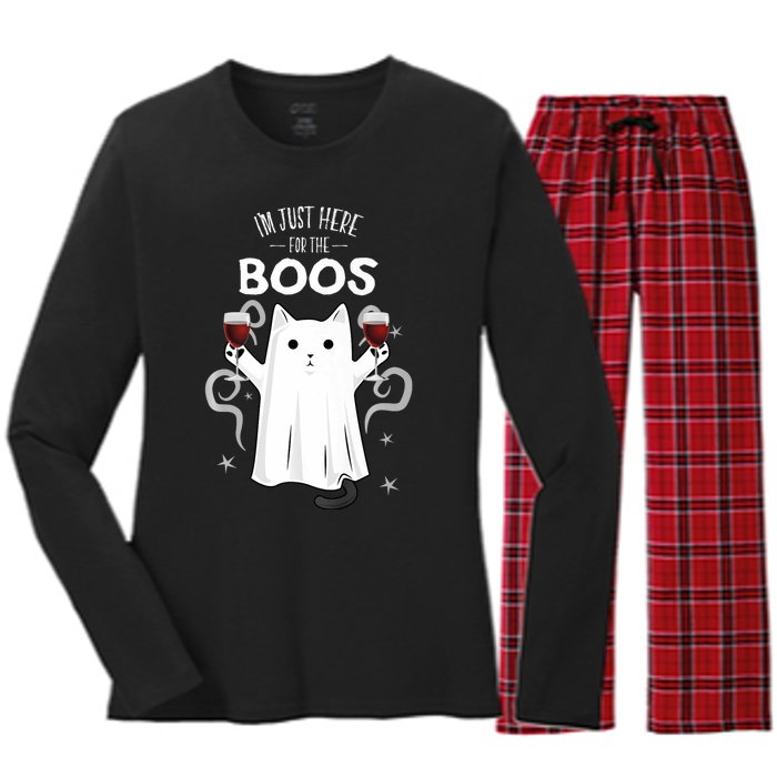 IM Just Here For The Boos Halloween Cat Ghost Women's Long Sleeve Flannel Pajama Set 