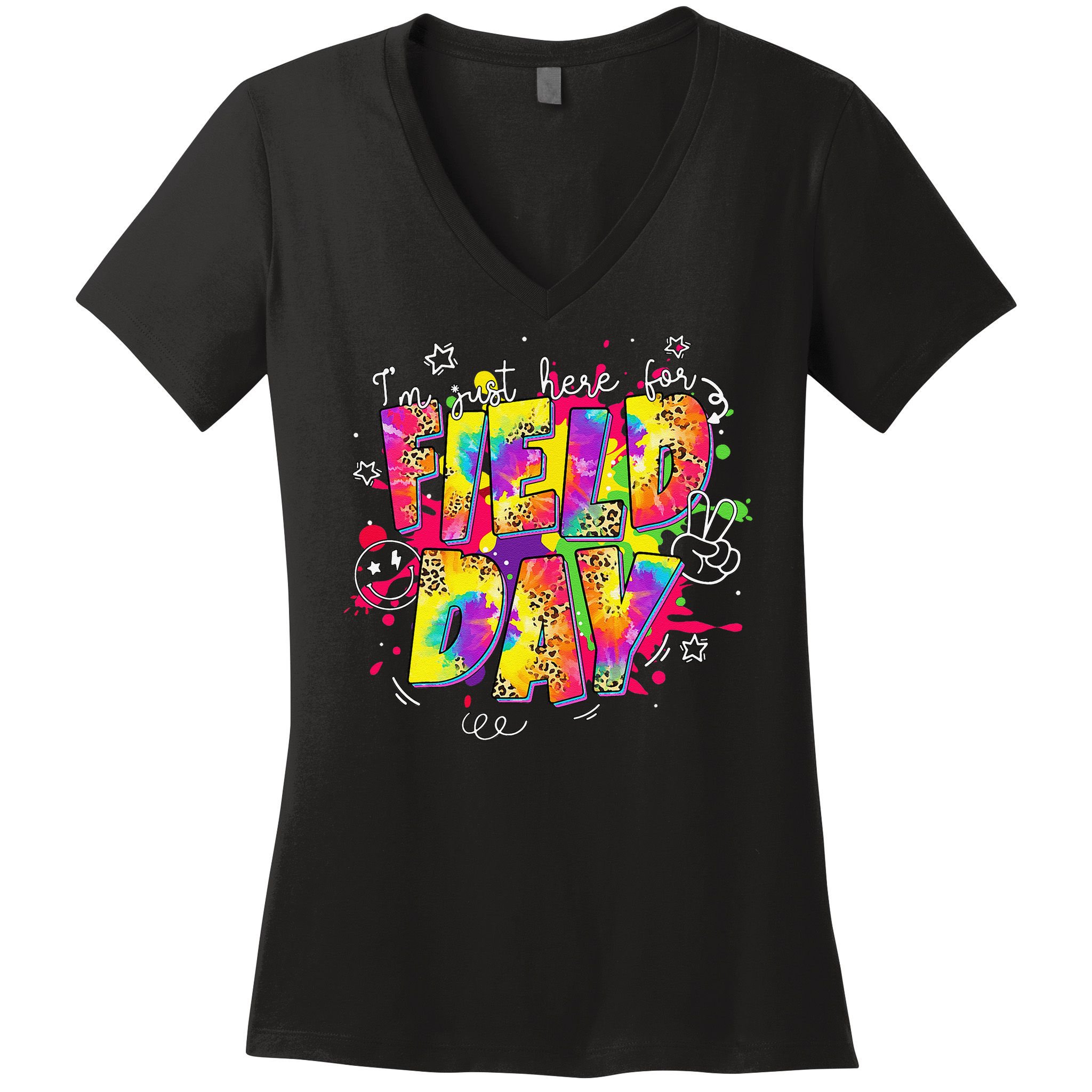 Im Just Here For Field Day Last Day School Leopard Tie Dye Women's V-Neck T-Shirt