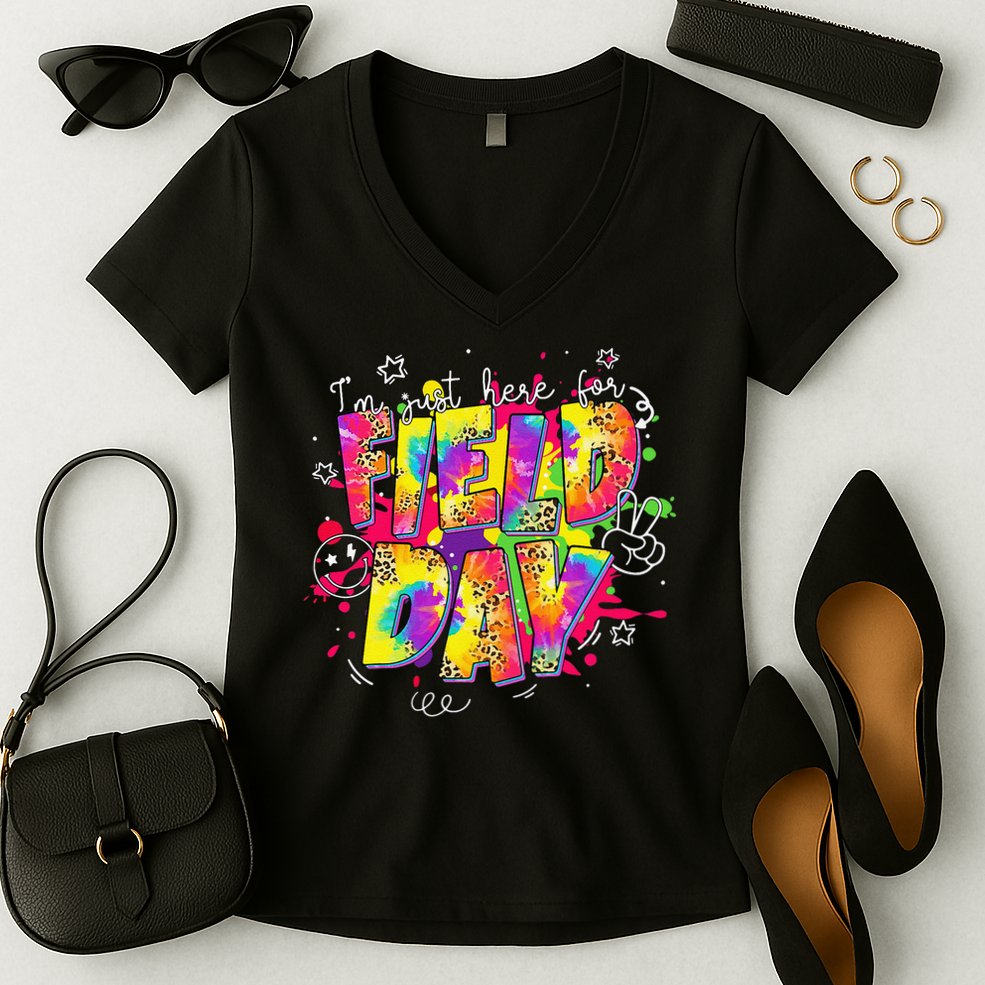 Im Just Here For Field Day Last Day School Leopard Tie Dye Women's V-Neck T-Shirt