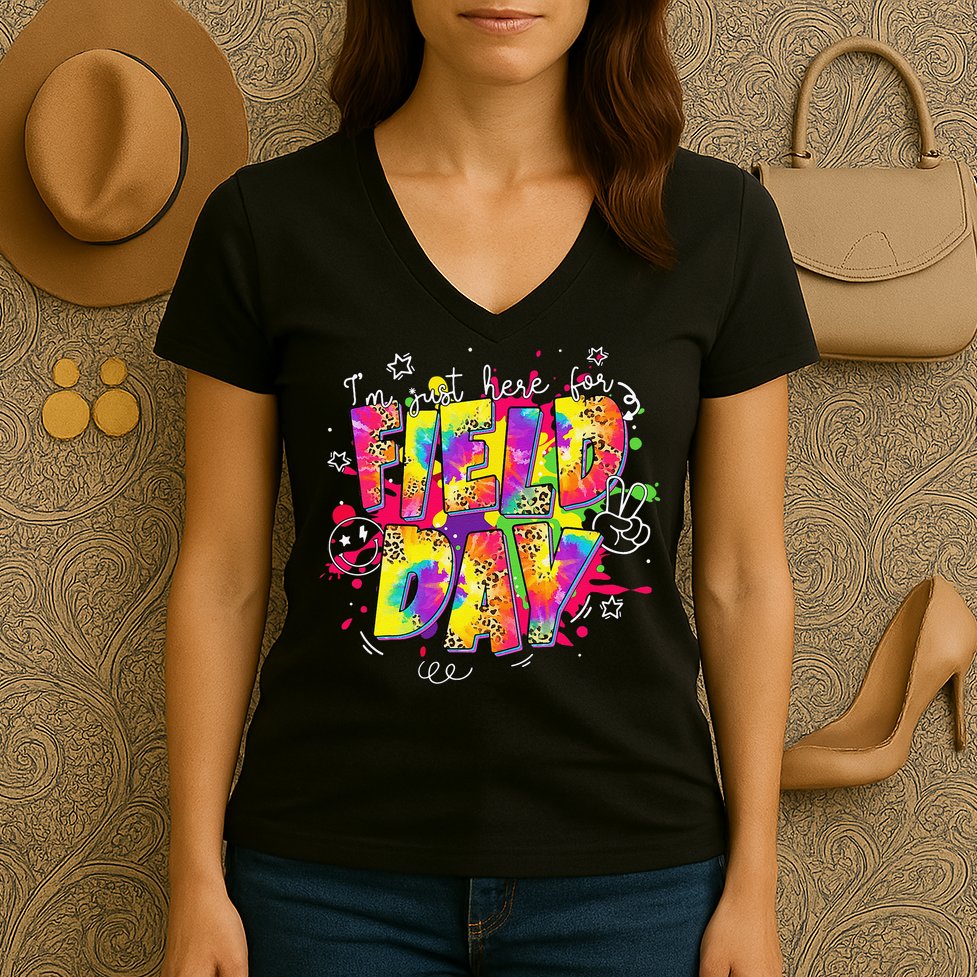 Im Just Here For Field Day Last Day School Leopard Tie Dye Women's V-Neck T-Shirt