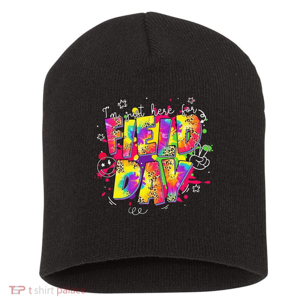 Im Just Here For Field Day Last Day School Leopard Tie Dye Short Acrylic Beanie