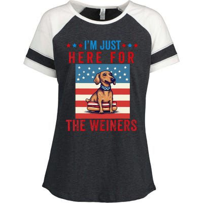 Im Just Here For Weiners Funny 4th July Hot Dog Sausage Enza Ladies Jersey Colorblock Tee