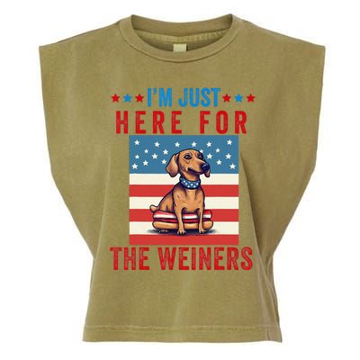 Im Just Here For Weiners Funny 4th July Hot Dog Sausage Garment-Dyed Women's Muscle Tee